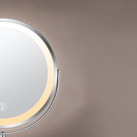 Miroir de maquillage LED moderne à double face rotatif à 360 degrés avec éclairage et grossissement, plusieurs couleurs et support métallique