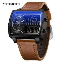 Sanda 6163 Marken-Luxus 3-Zeitzonen Quadratische Mode-Armbanduhr mit Stahl-/Silikon-/Lederarmband Multifunktionale Digital-Quarz-Herrenuhr