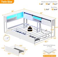 Cadre de lit d'angle réglable style ferme avec 2 tiroirs, pliable, construction métallique durable, design écologique