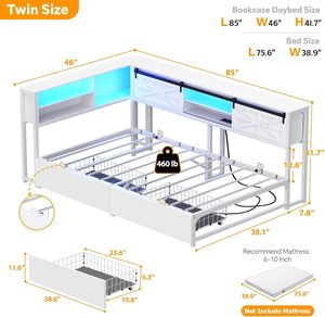 Cadre de lit d'angle réglable style ferme avec 2 tiroirs, pliable, construction métallique durable, design écologique - Product Image 6