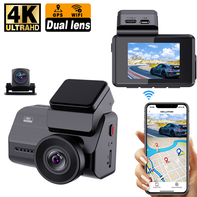 HD Dual Lens 4K+2K Dash Cam Front and Rear Car DVR GPS and Wifi 4K Dashcam with 1-Year Warranty