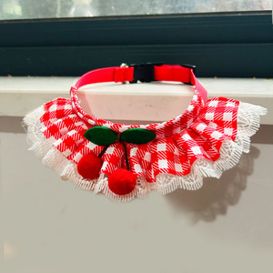 <b>Cute</b> Lace Pet <b>Collar</b> Red Checkered Cherry Design Small Medium Dogs <b>Cats</b> - Product Image 1