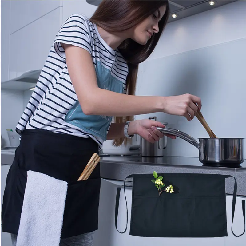 3 túi 2 túi tùy chỉnh màu đen bông polyester ngắn phục vụ bàn nửa máy chủ bồi bàn Tạp dề eo cho nhà bếp cà phê thanh