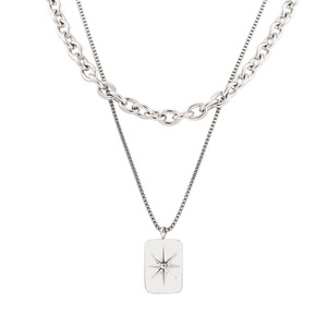 yunnique Fashion Layered Necklace Double <b>Chain</b> Star Pendant <b>Titanium</b> Steel Silver Tone Hip Hop Style - Product Image 5