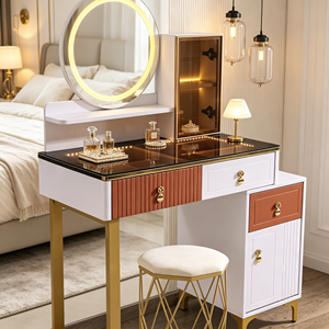 Modern <b>Makeup</b> <b>Vanity</b> With Lighted <b>Mirror</b> Storage Drawers Bedroom Dressing Table With Stool - Product Image 3