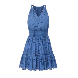 Robe mini en coton 100% personnalisée, conçue par le fabricant, bleu plage, col en V, découpe, taille cintrée, broderie. - Product Image 6
