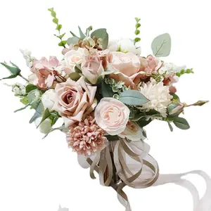 ช่อดอกไม้ประดิษฐ์,ช่อดอกไม้ประดิษฐ์สำหรับงานแต่งงานช่อดอกไม้เจ้าสาวสีชมพูสำหรับตกแต่งบ้าน