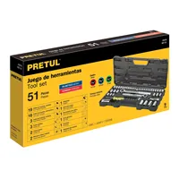 Kit d'outils à main PRETUL 51 pièces, coffret rigide, embouts 1/4'', clés mixtes en acier au chrome-vanadium, 6 points, pour mécaniciens, garantie 3 ans