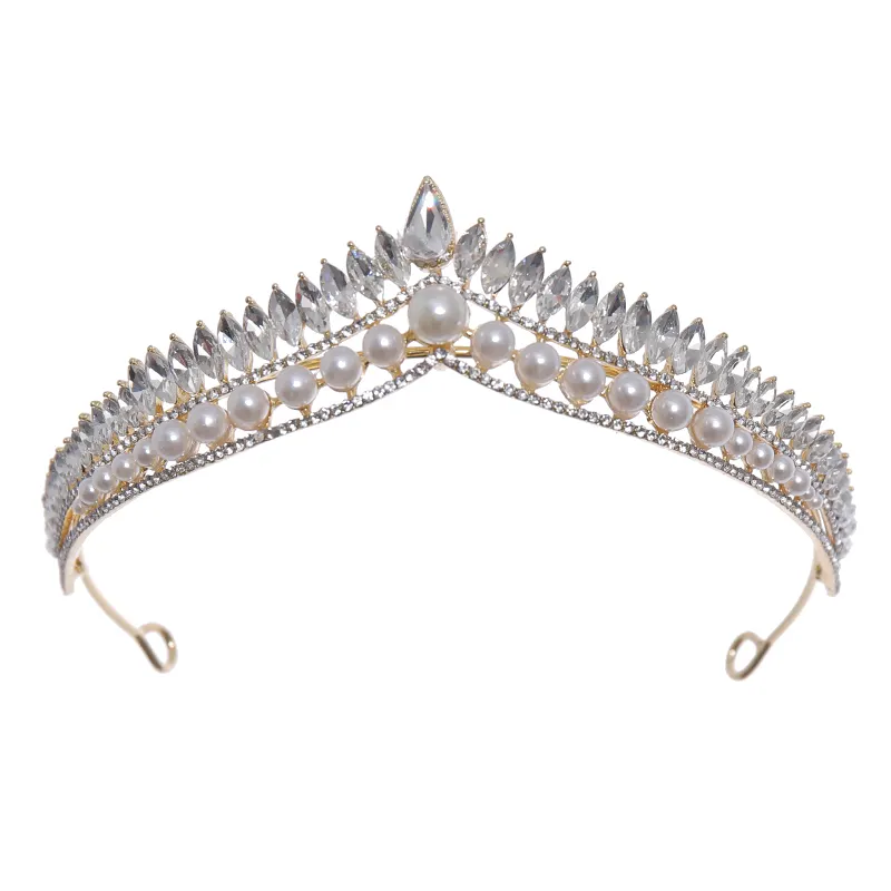 White Pearl Headpiece Crystal V Shape Tiara Accessoires De Mariage Coronas De Reinas