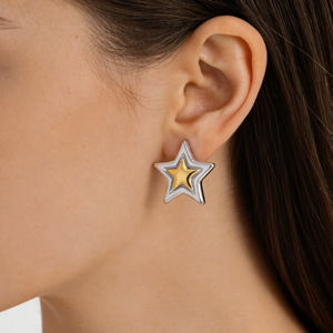 1 Par de Pendientes Colgantes de Pentagrama de Doble Capa Chapados en Oro de Acero Inoxidable - Diseño Chic con Bloques de Color para Fiestas y Uso Casual - Product Image 6