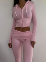 Ensemble de vêtements de printemps personnalisés pour femmes, sweat-shirt à fermeture éclair sexy et décontracté, pantalon évasé taille haute, rose, tricoté, ensemble 2 pièces