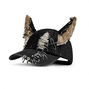 Gorra de béisbol de mezclilla negra con orejas de gato, desgastada, rasgada, estilo Dad <span class=keywords><strong>Hat</strong></span>, punk Y2K, streetwear, con correa de hebilla de anillo metálico, unisex - Product Image 1
