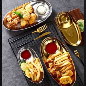 Plateaux de service ovales modernes en acier inoxydable 304 coréen, avec compartiments, pour frites, snacks, sauces, restaurants et hôtels - Product Image 3