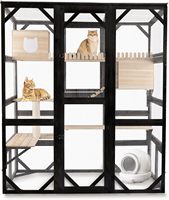 Cage à chat en bois moderne de luxe résistante aux intempéries, Catio spacieux à plusieurs niveaux, plateformes de jeu et de repos, coin privé pour chat, maille galvanisée
