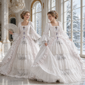 Abito da ballo bianco vittoriano rococò da donna, stile Regina delle Nevi, con balze a strati, maniche a campana, per spettacoli teatrali e feste - Product Image 1