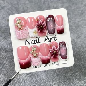 TSZS 10 <span class=keywords><strong>Uñas</strong></span> Postizas Largas Cuadradas Hechas a Mano Reutilizables con Diseño 3D <span class=keywords><strong>de</strong></span> Flor Rosa Dulce, Perla y Diamante Oceánico para Verano - Product Image 4