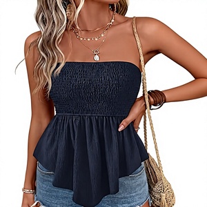 <b>Women</b> Strapless <b>Navy</b> Blue Crepe <b>Top</b> With Ruffles Casual Spring Summer Daily Wear Loose Fit Above Knee Solid Color - Product Image 1