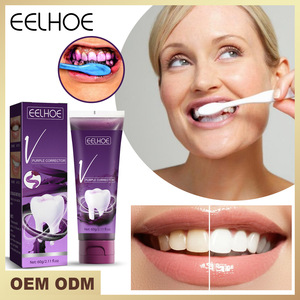 OEM ODM <span class=keywords><strong>EELHOE</strong></span> <span class=keywords><strong>V34</strong></span> Pasta Dental Blanqueadora Correctora Morada 60g Tubo con Aroma Natural a Menta para Dientes Amarillos - Product Image 1