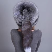 Chapeau de trappeur en fourrure de renard, fourrure blanche argentée, chapeau d'hiver avec queue, imprimé dessiné à la main, unisexe, temps froid