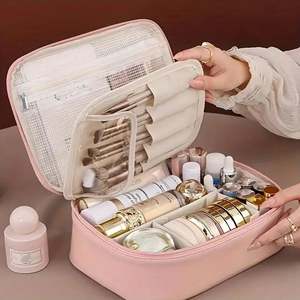 Bolsa de maquillaje portátil con capacidad multicapa, organizador de cosméticos de viaje desmontable, de PU Material, elementos esenciales de belleza, carta de almacenamiento - Product Image 3