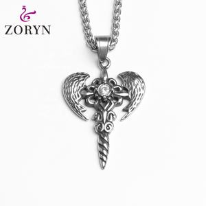 Colgante de Espada con Alas de Ángel de Acero Inoxidable, Joyería de Acero de Titanio con Cristales, Estilo Gótico, Punk, Religioso, Cristiano, Vikingo, para Hombres y Mujeres - Product Image 1