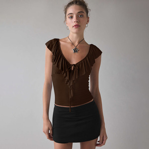 Spring and Summer Collection Breathable Knitted V-neck <strong>Backless</strong> <strong>Blouse</strong> with Ruffles Sleeveless Top Design - Product Image 2