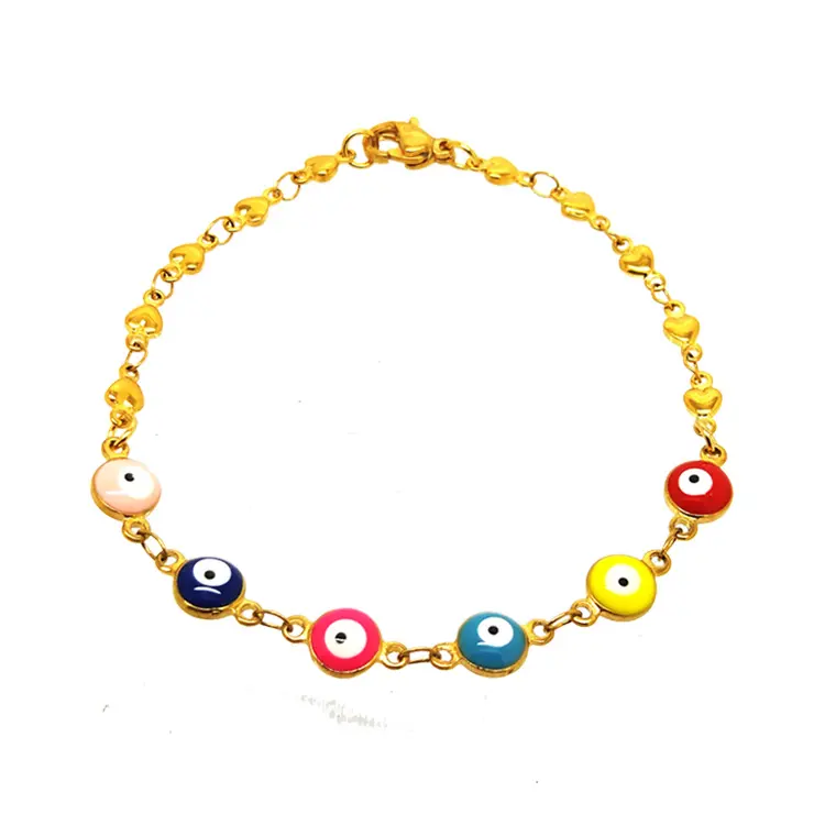 Accessoires de mode bijoux pour femmes Bracelet à breloques en perles de cœur colorées Bracelet en acier inoxydable personnalisé pour femmes Bracelet à œil en métal doré