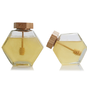 Stoples Madu Kaca Bentuk Heksagonal dengan Sendok Kayu Kosong 380ml Wadah Penyimpanan Madu Transparan dengan Tutup Bambu - Product Image 4