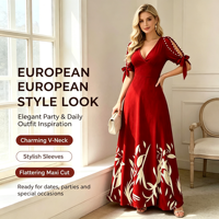 Robe de soirée longue à col en V, taille empire, coupe empire, avec découpes en perles, manches courtes et imprimé floral, idéale pour les banquets