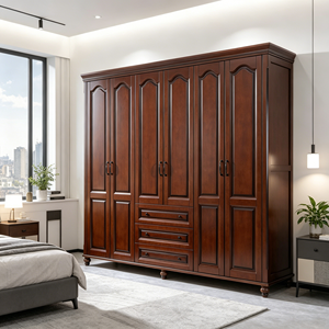 Oversized Storage 6 Door Solid Wood Wardrobe With 3 <b>Drawers</b> Retro <b>Walnut</b> Bedroom Clothes Closet Organizer Wardrobe - Product Image 5