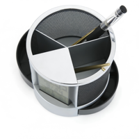 Porte-stylo rond multifonctionnel en métal avec calendrier, réveil, organisateur de bureau stable pour le rangement de fournitures scolaires et de bureau