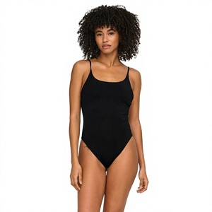 Maillot de bain une pièce noir pour femmes, col carré, coupe haute, en Spandex et Nylon extensible, coupe régulière, couleur unie - Product Image 1