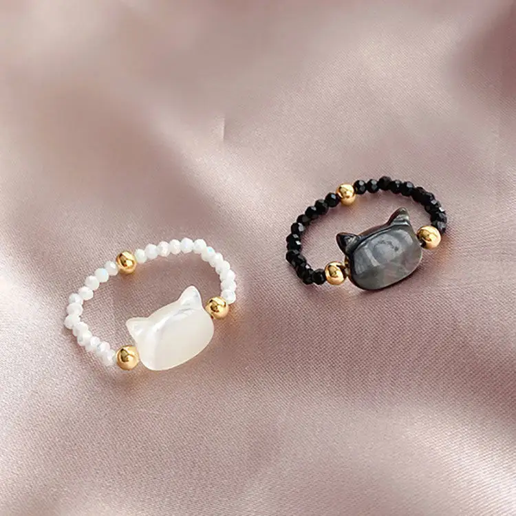 Aesthetic Black Crystal Adjustable Cat Ring Cute Handmade Waterproof Natural Stone Opal Rings for Girls Jewelry