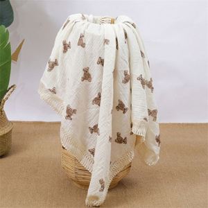 Personalized Print Neutral Gift Squares Cotton <b>Swaddle</b> Baby Muslin <b>Blanket</b> Wrap With Tassel - Product Image 2