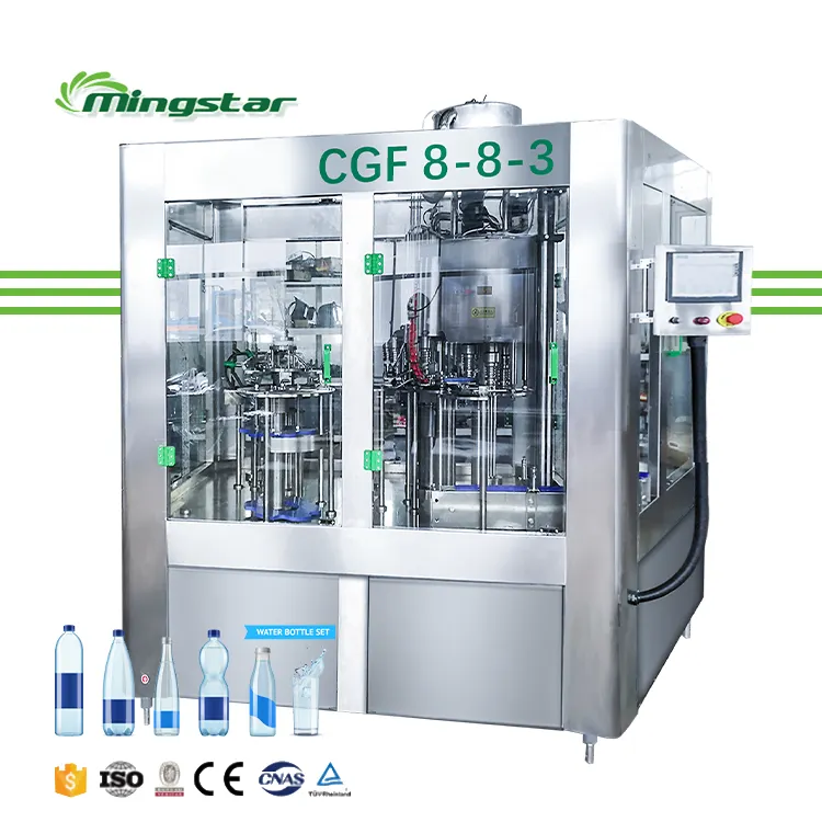 소형 2 리터 8-8-3 플라스틱 병 마시는 미네랄 음료 액체 충전 기계 완전 자동 물병 공장 독일