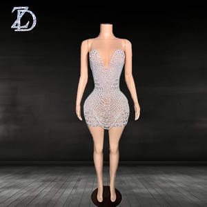 ZD 新款修身网纱连衣裙自然奢华晚礼服舞会生日派对透明水钻肩部甜心领口迷你裙 - Product Image 1