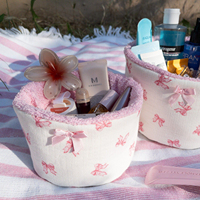Boîte de rangement de bureau en tissu doux à motif nœud, couleur rose, imprimé nœud, ouverture supérieure, grand espace pour maquillage, bibelots et accessoires capillaires