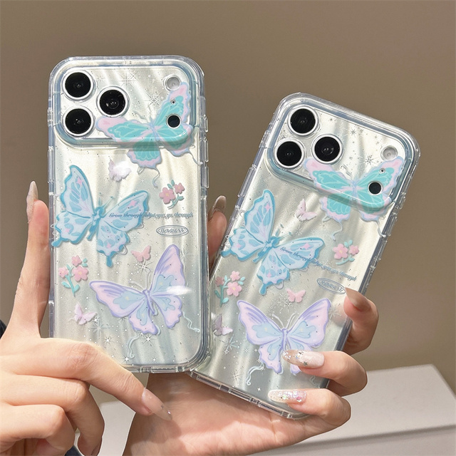 New Korean Colorful Butterfly Silver Phone Case for IPhone 17 16 15 14 Pro Max 13 Fashion Shockproof Protective Back Cover
