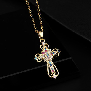 Collana Vintage da Donna con Croce in Cristallo Traforato, Due Stili, Pendente in Zircone Colorato, Catena Sottile, Gioiello Religioso - Product Image 4
