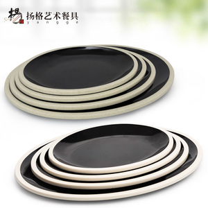 Earthenware Pot Two Tone Series Japanese Style Oval <b>Plate</b> Durable Hotel Food Tableware - Product Image 2
