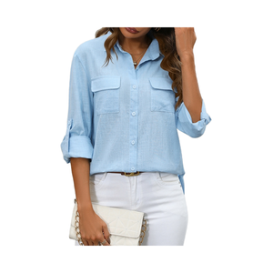 Chemisier décontracté pour femme Printemps-Été Couleur unie Coton Lin Coupe classique Manches raglan Col rabattu Poche Respirant - Product Image 4