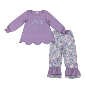 GLP3019 RTS Conjunto de Ropa para Niña, Estampado de Flores Moradas y Lazos, Ropa de Primavera para Niña, Venta al por Mayor - Product Image 1