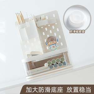 Desktop Organizer With Drawer Pen Holder Storage Shelf For Student Workspace White Rectangle Standing Type - Product Image 5