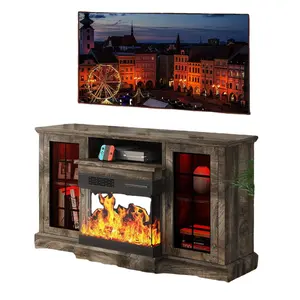 现代三面玻璃壁炉电视架12色发光二极管带灰色电视，适用于客厅或卧室65英寸木质面板