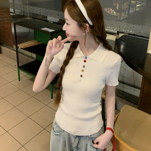 <b>Women's</b> <b>White</b> Knitted Short Sleeve <b>Polo</b> <b>Shirt</b> Casual Solid Color Regular Length With Colorful Buttons - Product Image 2