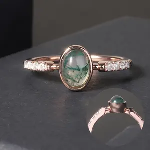 OL0910 Abiding Jewelry 925 Sterling Silver Cabochon Cut Oval 5x7mm Gemstone Moss Agate Ring with Bezel Setting