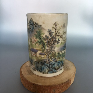 Porte-pinceaux paysager Famille-rose de la période <span class=keywords><strong>Guangxu</strong></span> de la dynastie Qing, pièce décorative antique, porcelaine vintage de style chinois, 11 cm - Product Image 3