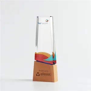 OEM / ODM UV Print Crystal Award With Wooden Base