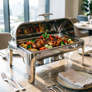 Plat à réchaud rectangulaire en acier inoxydable avec couvercle visible, chauffe-plats à alcool pour buffet, idéal pour hôtels, restaurants et traiteurs - Product Image 1