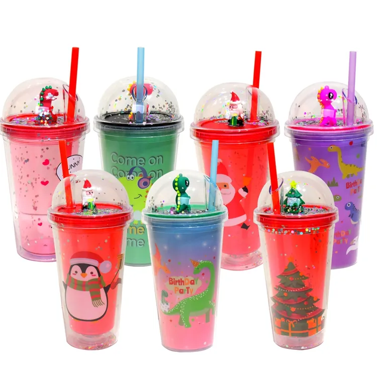 Low Moq Multi Color Bpa Vrije Lekvrije Koepelvormige 450Ml Kinderen Dubbele Wand Plastic Acryl Dinosaurus Drinkwater Beker Met Stro